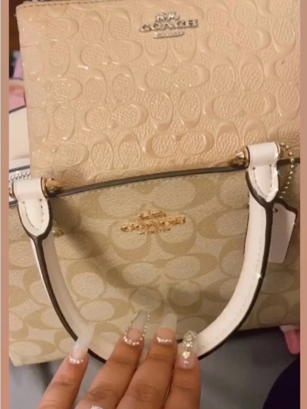 Coach Beige Signature Canvas Satchel with White Trim